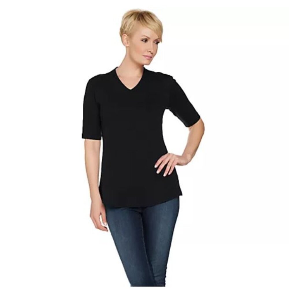 Isaac Mizrahi Live! Essentials V-Neck Elbow Sleeve Tunic Black, Medium